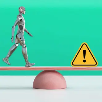 A robot and a warning sign are on opposite sides of a seesaw