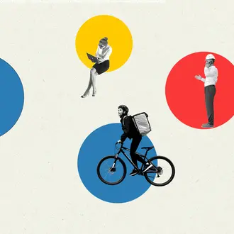 Collage of various contract and gig workers in their individual bubbles