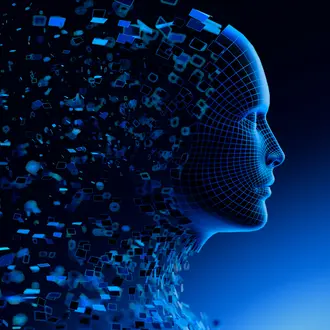 Digital Transformation: AI Artificial Intelligence in Human Face Head.