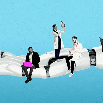 Various workers on top of a robot hand