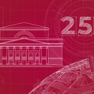 A collage with the number '250,' an ornate building, a lightbulb, gears, and a globe