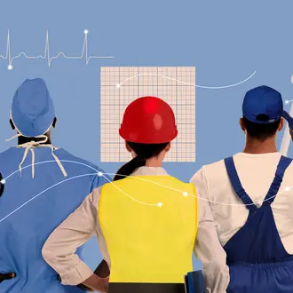 A collage of a doctor, engineer, and electrician with their tools and digital imagery
