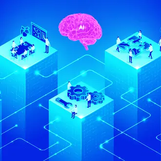 An AI brain symbol is shown on top of various aspects of an organization 
