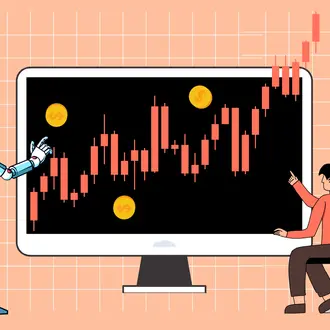 A robot and human discuss a stock ticker chart on a computer screen