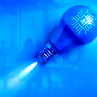 A glowing light bulb with AI circuit symbol launches with a company boardroom in the background
