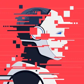A humanoid AI robot looks corrupted or broken with line glitches