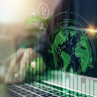 Businessman analyzes investment sustainability ESG icons