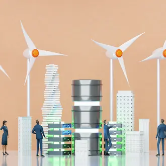Wind power generators, turbines generating electricity enough for the for the city and controlled by AI, 3d rendering