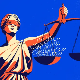 A lady of justice holds a scale with AI network lines on one side