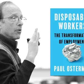 Photo of Paul Osterman with a cover of his book: "Disposable Workers: The Transformation of Employment"