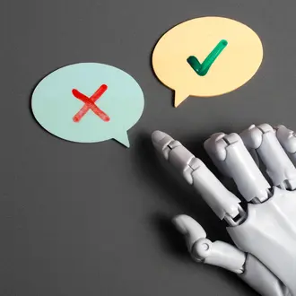Robot hand pointing to speech bubbles with a check mark and an "X" mark
