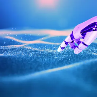 A robot hand points to ocean waves
