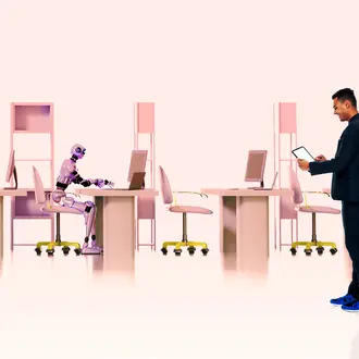 A business person oversees an office with no workers except for one robot