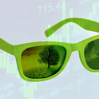 Green sunglasses with images of an iceberg melting and warming earth with a stock ticker in the background