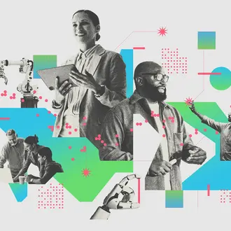 A collage of employees, artificial intelligence, and geometric shapes