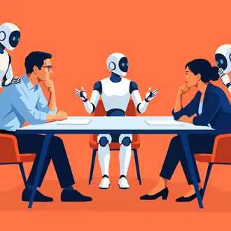 Two people sit across from each other at a negotiation table with robots present