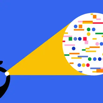 A hand holds a circular object that is magnified into a plethora of data in the form of geometric shapes