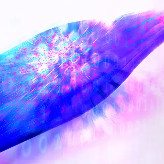 A wine bottle filled with digital imagery and binary code