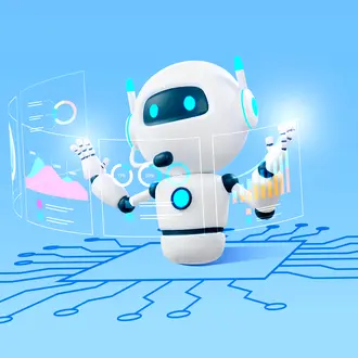 A robot manipulates digital displays of marketing analysis