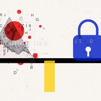 A seesaw with data on one side and a security lock on the other