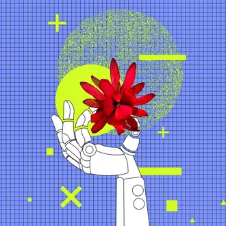 A robot hand holds a flower