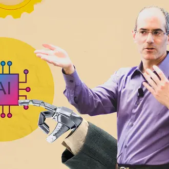 Steven Eppinger and a human and robot hand touching an AI microchip