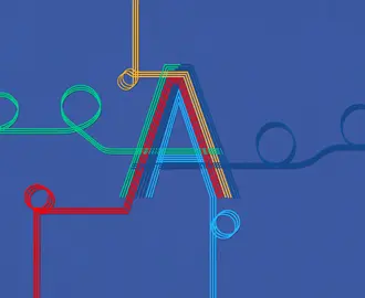 a styled capital A with curlicues of different colors intersecting around it