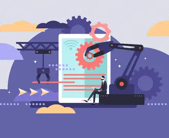 business worker with laptop surrounded by robotic devices