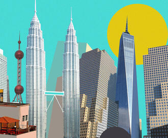 A composite illustration of various types of city skylines, including skyscrapers and a favela.