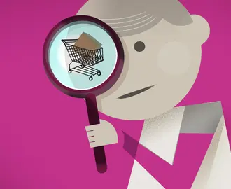 Person holding a magnifying glass up to a shopping cart