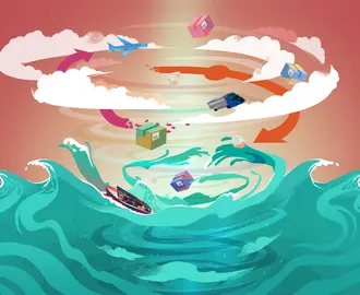 waterspout with vehicles embedded, representing effects of climate change on the supply chain