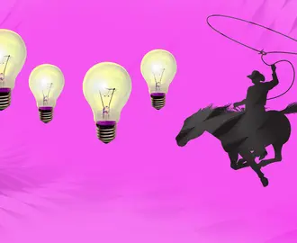 four lightbulbs hang in space next to the profile of a cowboy and lasso against a pink background