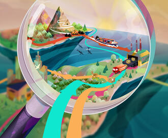 magnifying glass looking over a landscape of boats, trains, and trucks, symbolizing supply chain transparency