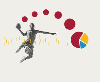 a basketball player dunks a ball that turns into a series of pie charts to represent sports analytics