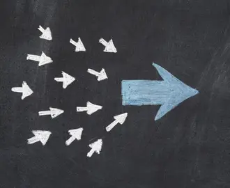 Many white arrows funneling into one large blue arrow to emphasize the ideas and proposal needed to accelerate an end to COVID-19.