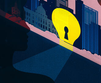 Illustration of a lightbulb with a keyhole among a wall of the Boston skyline. In the shadow is a woman looking at the lightbulb and skyline.