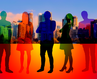 Silhouettes of business people in a rainbow of colors set to the backdrop of a city.