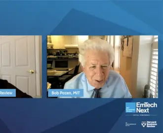 Screenshot of MIT Sloan's Bob Pozen speaking virtually with Tate Ryan-Mosley of MIT Technology Review at the EmTech Next Conference