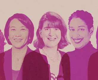 Photo of female leaders. From left to right: Julia Abramovich, Julie Wada, Lauren Hoops-Schmieg, Angelique Adams, and Anita Carleton 