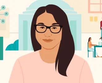 An illustration of MBA student, Josie, wearing a pink shirt. 