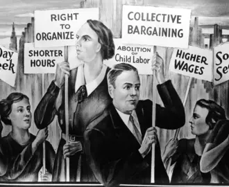 Union organizing poster. Mural of workers holding placards
