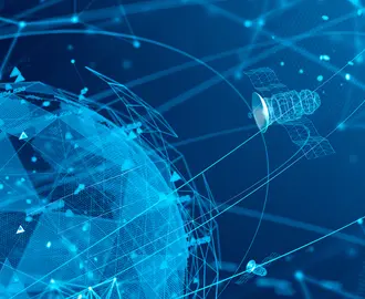 Blue graphic of globe and satellite with lines around them