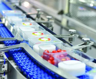 Food being packaged on conveyor belt