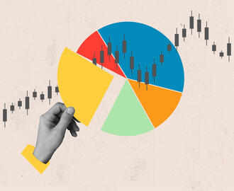 A hand holding a wedge from a pie chart with a stock ticker in the background