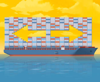 An illustration of a cargo ship with arrows pointing in opposite directions on top of the cargo