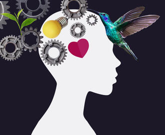A person's profile in silhouette with many gears, a lightbulb, heart, and hummingbird juxtaposed on top