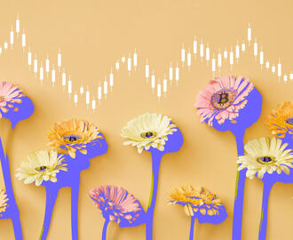 A stock market ticker over a row of daisies with bitcoins in the pistils