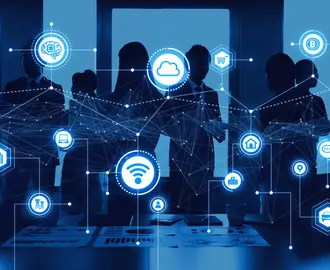 Office workers with digital icon overlay