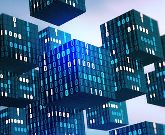 A series of blockchain blocks that resemble buildings