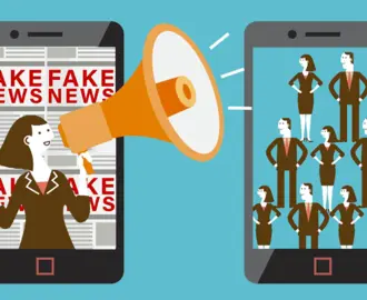 Graphic image of cellphone with bullhorn announcing "Fake News."